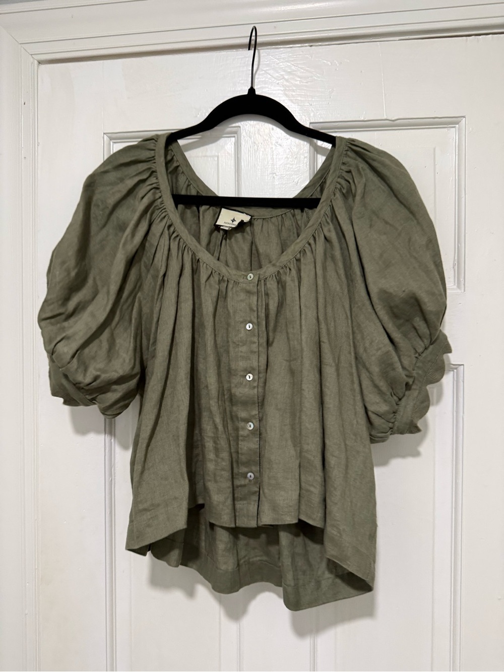 Tuckernuck Olive Puff Sleeve Button-Front Blouse